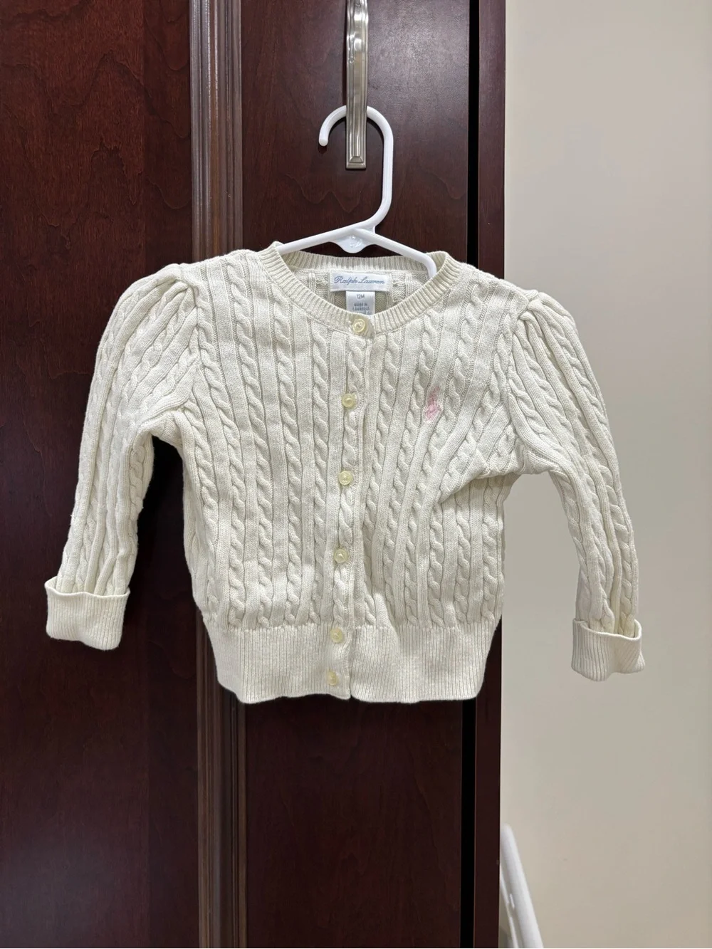 Ralph Lauren Cream Cable-Knit Baby Girl Cardigan with Pink Pony